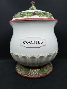 Christmas Cookie Jar Large Cream Color Dark Red Rim Holly Base & Handle - Picture 1 of 8