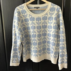 Adrianna Papell Sweater Size XL Blue Ivory Floral Daisy Print Knit Crew Neck - Picture 1 of 6