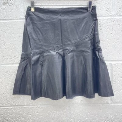 NEW LOOK BLACK LEATHER MINI SKIRT PEPLUM FLARE GATHER Y2K UK 6 - Image 1 of 4