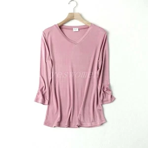 Women V-Neck Knitted Silk Tops Mulberry Silk 3/4 Sleeve Pullover T-Shirt Tee - Picture 1 of 24