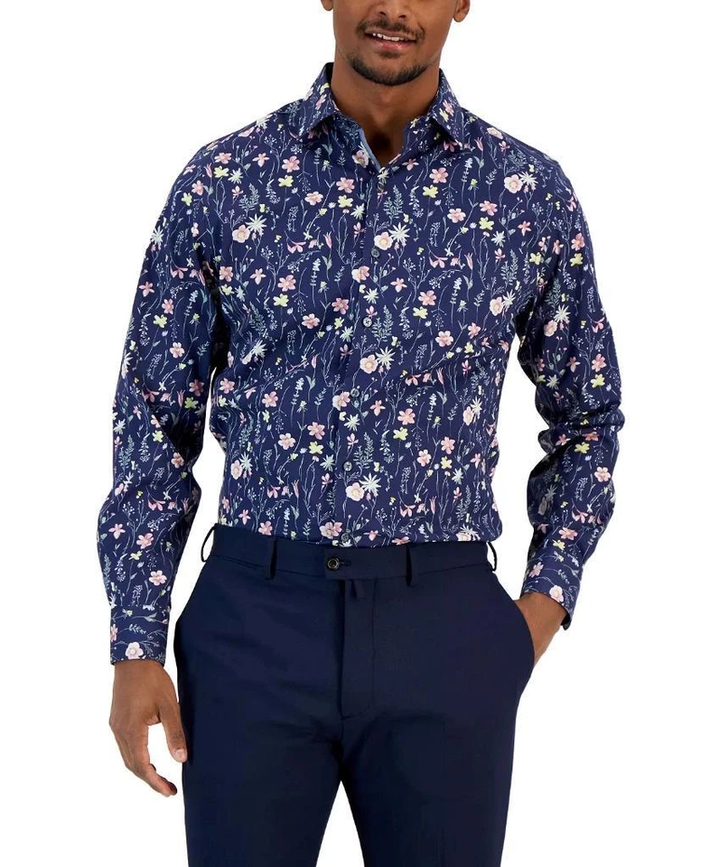 Camisa de vestir Bar III para hombre azul marino/rosa ajustada con estampado floral talla S 14-14 1/2 Foto 1 de 1