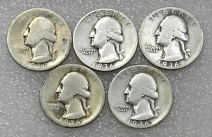 1936 P Washington Silver Quarter lot of 5 coins #K296 - Picture 1 of 2