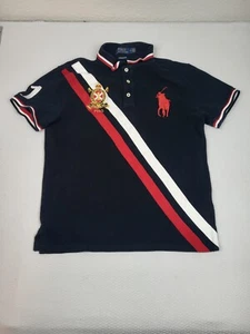 Polo Ralph Lauren Big Pony Shirt Boys Medium Blue Crest Slim Fit Double Striped - Picture 1 of 8