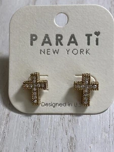 Orecchini Traforati Croce Tema Tono Oro Con Strass Moda Borchia Nuovi - Foto 1 di 6