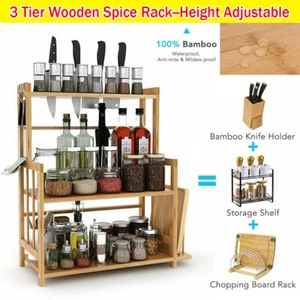 3 Tier Bamboo Standing Spice Rack Kitchen Organiser Countertop Storage Shelf - Picture 1 of 13