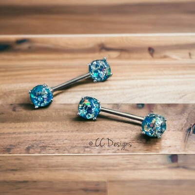 14g Front Prong Blue Sparkle Faux Opal nipple rings J171 - Image 1 of 3