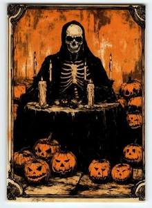 Esqueleto postal vintage de Halloween con linternas y velas Jack-O' - Imagen 1 de 2