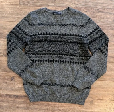 Zara Nordic Fair Isle Sweater Mens Wool Alpaca Charcoal Black Crew Neck - L EUC - Image 1 of 4