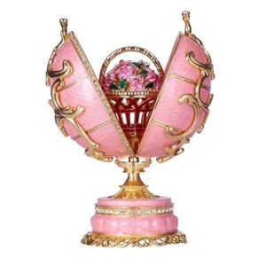 Faberge Frühling Blumen Ei Musik Schmuck Schmuckkästchen mit Korb 6,5" 16,5 cm rosa - Bild 1 von 7