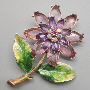 Pink Purple Cluster Flower Brooch AB Rhinestone Navette Acrylic Green Enamel Pin - Picture 1 of 7