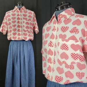 Vintage Gitano S/S Button Down Top in White w Pink Hearts Size Small - Picture 1 of 19