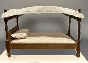 Vintage Dollhouse Canopy Bed Wood Miniature with Mattress & Pillow – 1:12 Scale - Picture 1 of 10