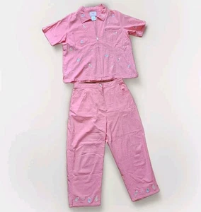 Vintage Quacker Factory Pink Embroidered Cocktails Capri Set - Size Large - Picture 1 of 13