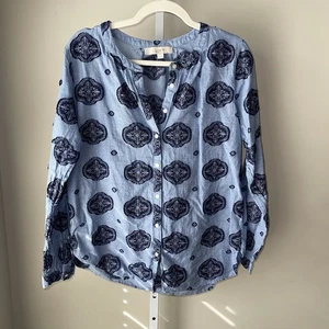 LOFT Blue Embroidered Boho Peasant Top Size Medium - Picture 1 of 5