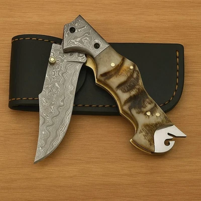 Cuchillo Plegable Hecho a Mano de Acero Damasco con Mango de Cuerno de Ciervo - Caza, Camping y Foto 1 de 4