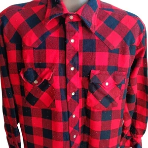 XL Vintage Western Shirt Red & Black Buffalo Plaid Snap Sheplers 1980's Distress - Picture 1 of 7