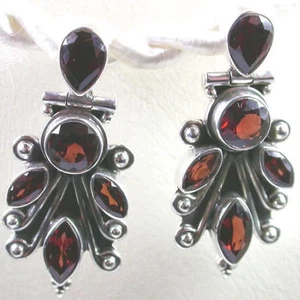 STERLING SILVER Dangle Earrings Pear Marquise & Round Garnets - Picture 1 of 1