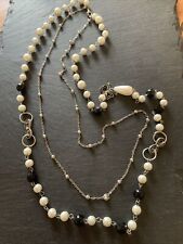 long 2 tier silver metal chain faux pearl & black bead necklace