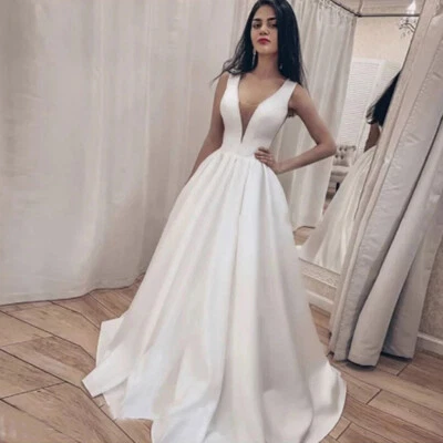 Satin White Wedding Dress V Neck A Line Sleeveless Corset Bridal Gown Plus Size - Image 1 of 4