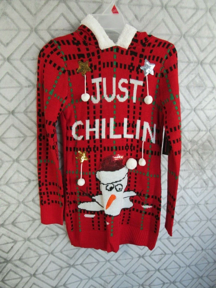 No Boundaries Christmas Sweater Size XS 1 Red Just Chillin Hoodie Snowman