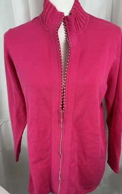 Quaker Factory Pink Fuscia Rhinestone Zipper Cardigan Sweater Beaded  Women M - Image 1 of 4
