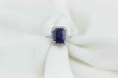 Anillo de boda de diamantes y zafiros naturales talla esmeralda de 3,48 quilates de plata de ley 925 6 Foto 1 de 4