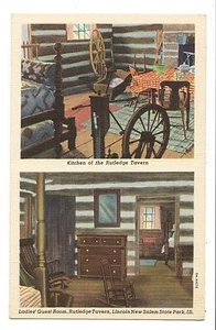 Vintage Postcard Illinois Lincoln New Salem State Park Rutledge Tavern Linen  - Picture 1 of 4