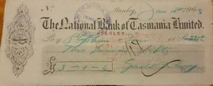 Antique Cheque The National Bank Of Tasmania Stanley 1903 - Picture 1 of 1