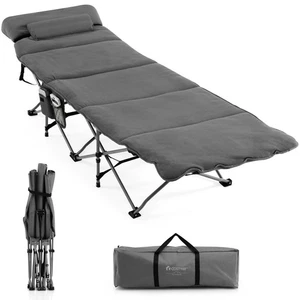 Folding Retractable Travel Camping Cot w/Removable Mattress & Carry Bag Grey - Picture 1 of 10