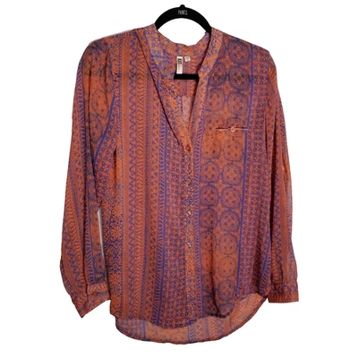 Kut From The Cloth Top Women's Medium Sheer Blue Peach Button Blouse Roll Sleeve - Image 1 of 4