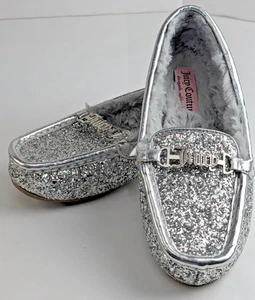 Juicy Couture Mokassin Halbschuhe Slipper Damen Gr. 7 silber Glitzer Kunstfell gefüttert - Bild 1 von 9