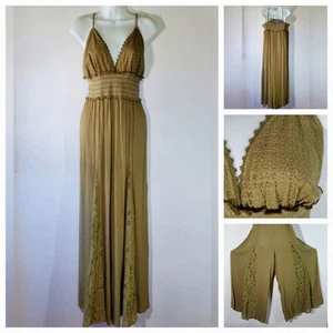 River Island Size L Jumpsuit Olive Green Crepe Lace Embroidered Smocked Pilazzo - Picture 1 of 12
