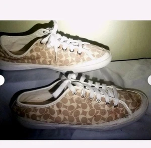 Coach Etta Tan Lace Up Sneakers Cream Signature C Logo Print Leather Trim 11M - Picture 1 of 6