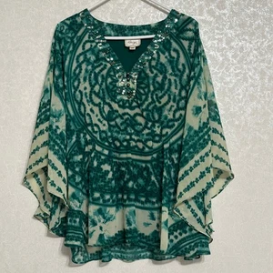 Beige by eci Medallion Beaded Sequin Embellished V-neck Tunic Top Hippie Boho L - Picture 1 of 8