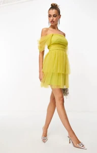 Mini vestido de tul con hombros descubiertos de encaje y cuentas para mujer en oliva PVP £80 - Imagen 1 de 19