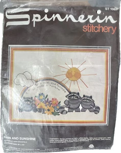 Spinnerin stitchery ST1082 Rain & Sunshine 18" x 24” Rainbow Flower Raccoon Vtg - Picture 1 of 4