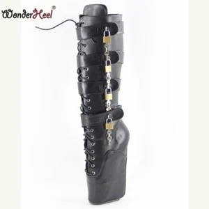 Ultra High Heel 18cm Wedges Heel Locked Padlocks Matte Fetish Knee High Boots - Foto 1 di 7