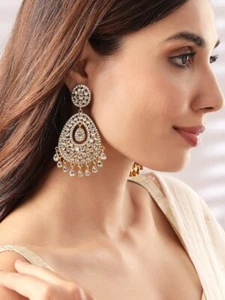 Bollywood Gold-Toned Contemporary Drop Earrings, Indian Traditional Earrings - Picture 1 of 4