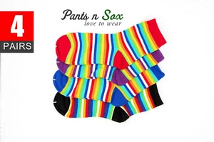 4 Pairs Rainbow Stripe Ladies Crew Cotton Socks Womens Casual Sports Socks 2-8 - Picture 1 of 6