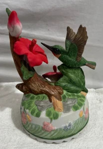 Music Box Floral Figurine Hummingbird Plays Well Rotates Fine Porcelain 6.5" - Picture 1 of 5