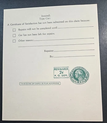 US Postal Card ScUY15, 2c+1c gr., Replay Card, preprinted, Mint CV$35 (504C118) - Image 1 of 2