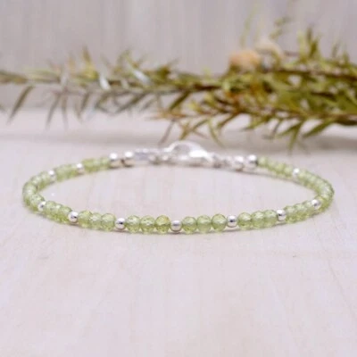 Nature Peridot August Birthstone Faceted Round Silver Filled Beads 6-8" Bracelet - Image 1 of 4