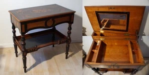 TAVOLINO MOBILETTO DA TOILETTE RICCAMENTE INTARSIATO PIANO APRIBILE EPOCA '800 - Foto 1 di 16