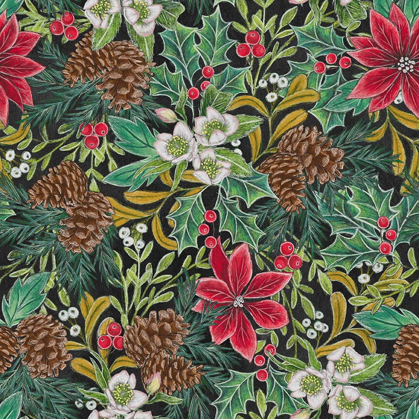 Tela de Navidad | Muérdago Mágico Pino Poinsettia Acebo Hoja Negro | PATIO en Blanco Foto 1 de 1