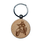 Biker on Motorcycle Engraved Wood Round Keychain Tag Charm