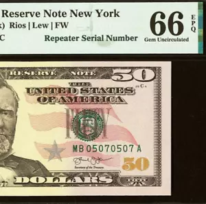 2013 $50 Federal Reserve Note PMG 66EPQ - Fancy Repeater Serial Number 05070507 - Picture 1 of 3