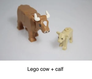 Lego Medium Nougat City Barn Farm Cow With Horns And Tan Baby Calf Animal - Picture 1 of 1