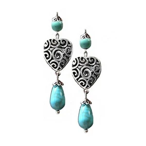 Earrings Turquoise love heart drop dangle, choose Clip on Pierced - Picture 1 of 4