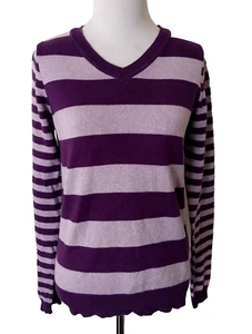 BASIC EDITIONS YOUTH GIRL V-NECK SWEATER PURPLE STRIPES LONG SLEEVE COTTON X-LRG - Picture 1 of 15
