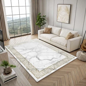 Gold With White Area Rug, Circle Marble Desing, Gold Striped Bordered, Bohemian - Picture 1 of 4